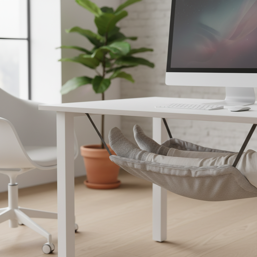 Under-desk foot hammock in a modern home office