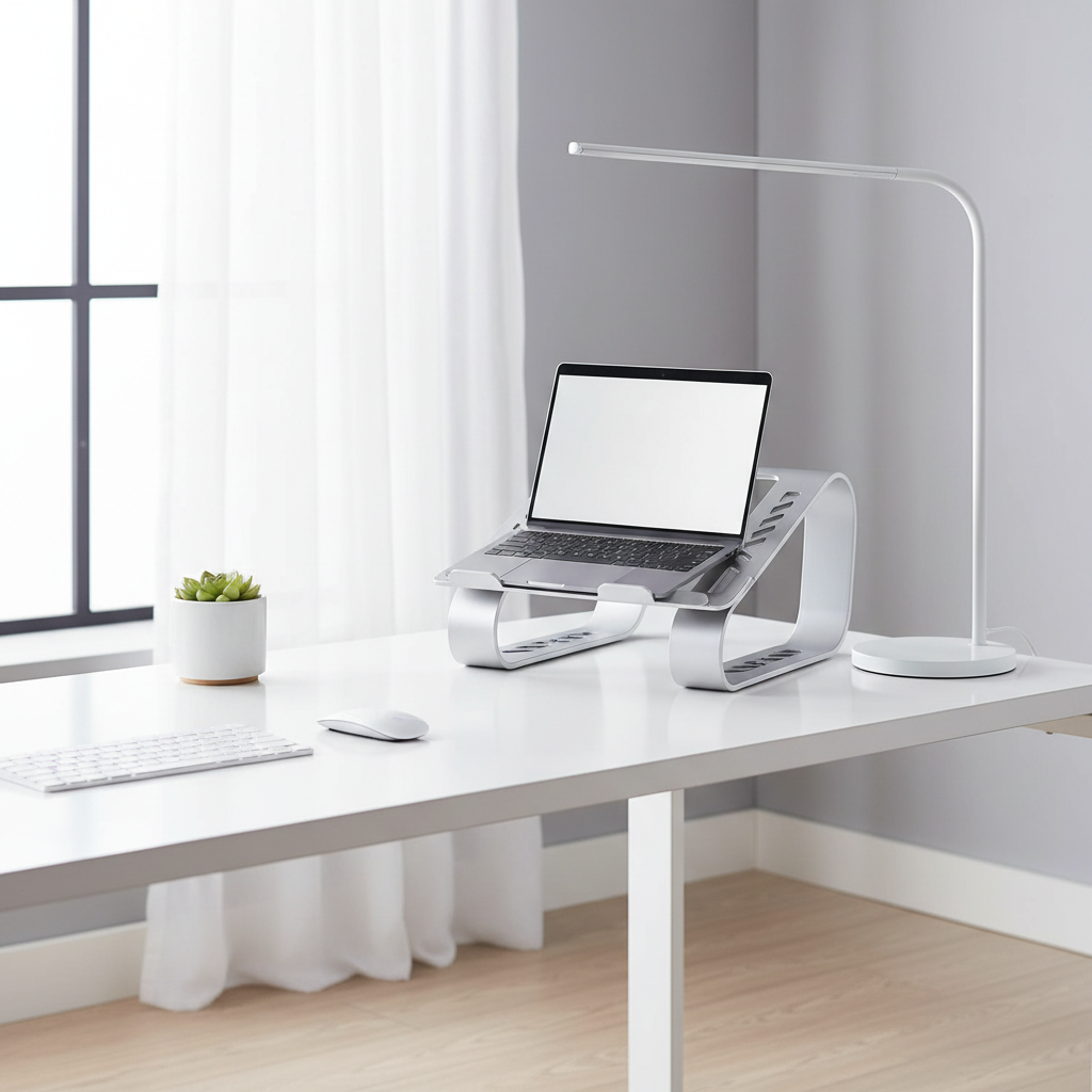 Ergonomic aluminium laptop stand on a modern home office desk